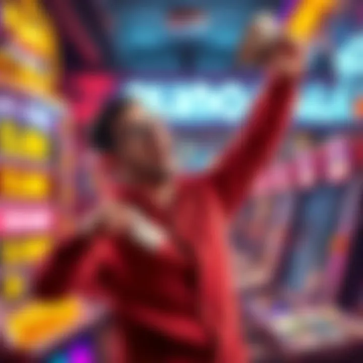 Excited player celebrating Plinko win A joyful player holding cash and smiling after winning $11,000 from Plinko, surrounded by colorful game elements